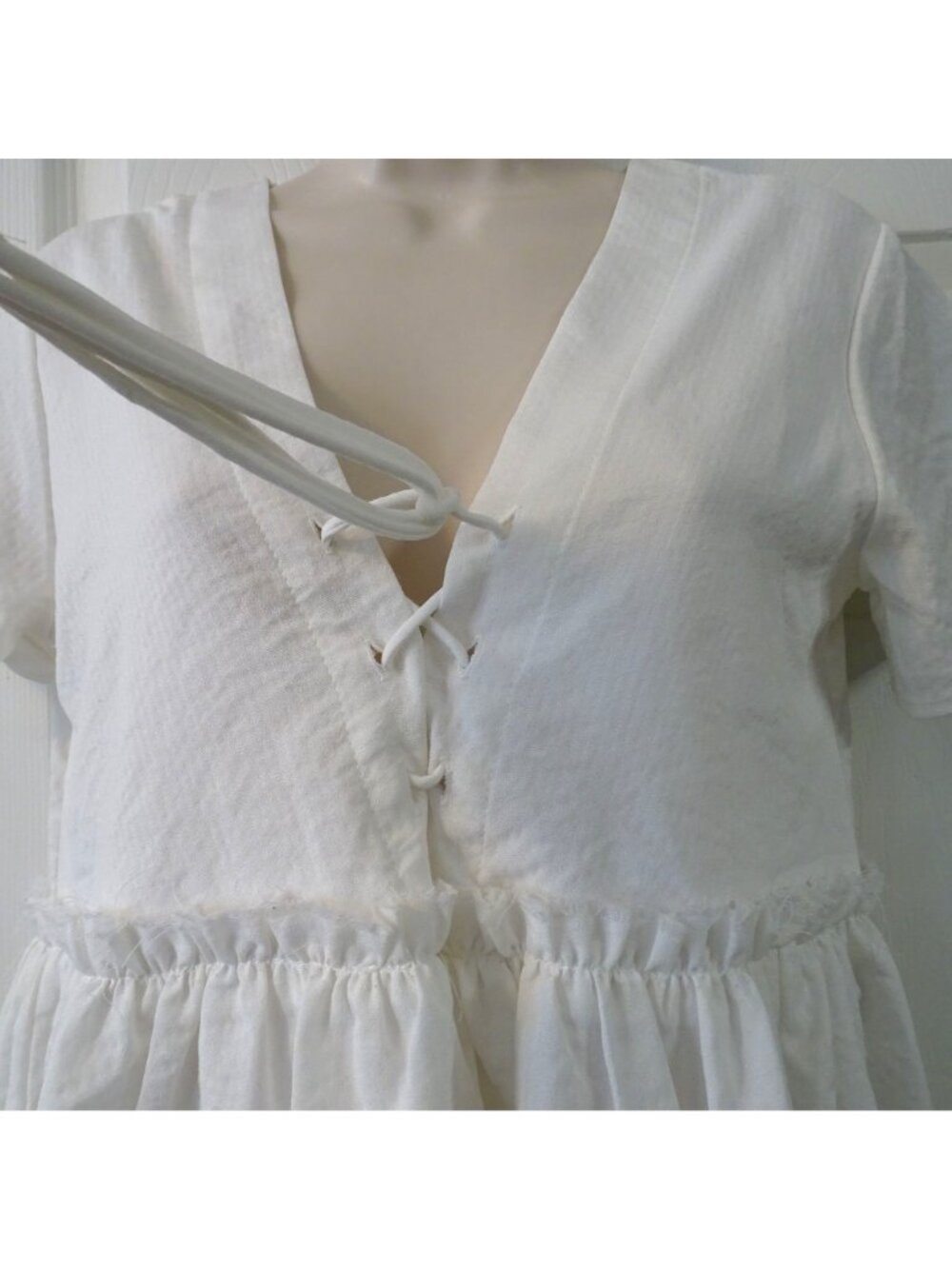 Hazel White Short Sleeve Babydoll Mini Dress Size S Lace-Up Boho Cottagecore - Picture 2 of 12